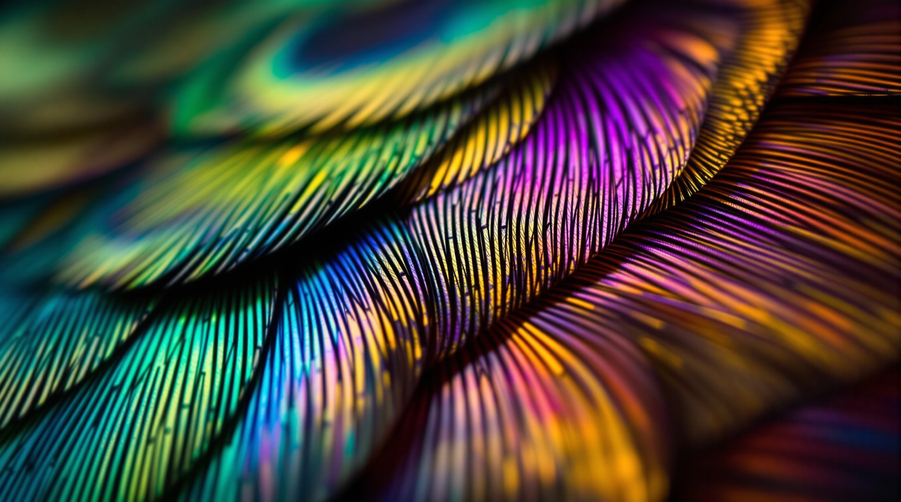 Macro of overlapping iridescent peacock and guinea fowl feathers.