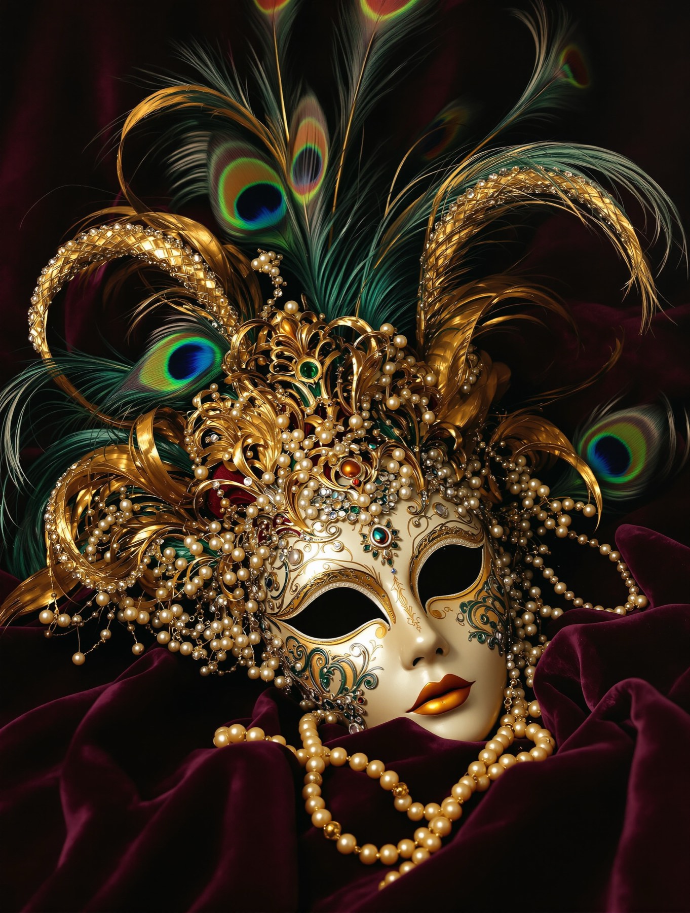 An ornate gilded Venetian carnival mask set with pearls and tall iridescent feathers, resting on aubergine velvet.