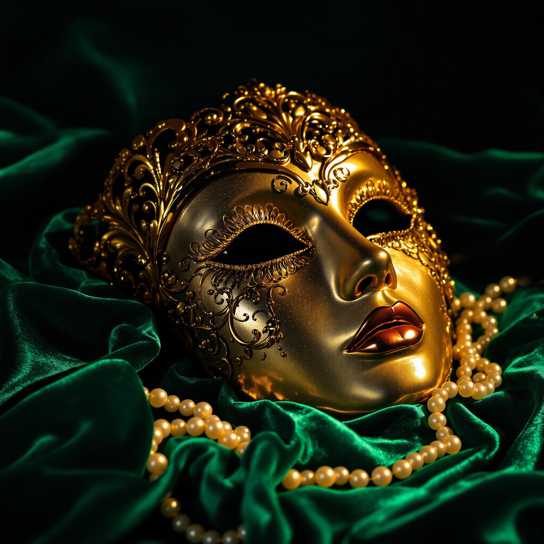 A gilded filigree half mask lying on crushed emerald velvet with scattered pearls.