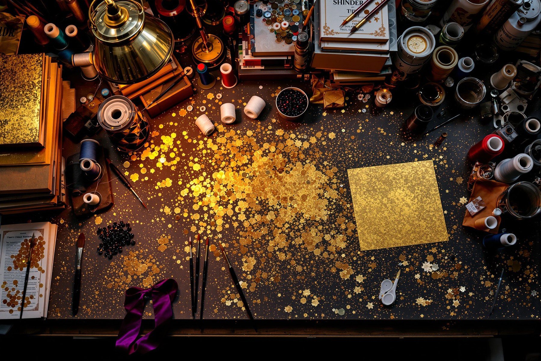 A workbench covered in books of gold leaf, silk thread, loose sequins and jeweller's tools under warm lamplight.